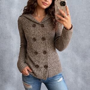 2000s Effeci Brown Marled Knit Hooded Button Front Cardigan Sweater Medium